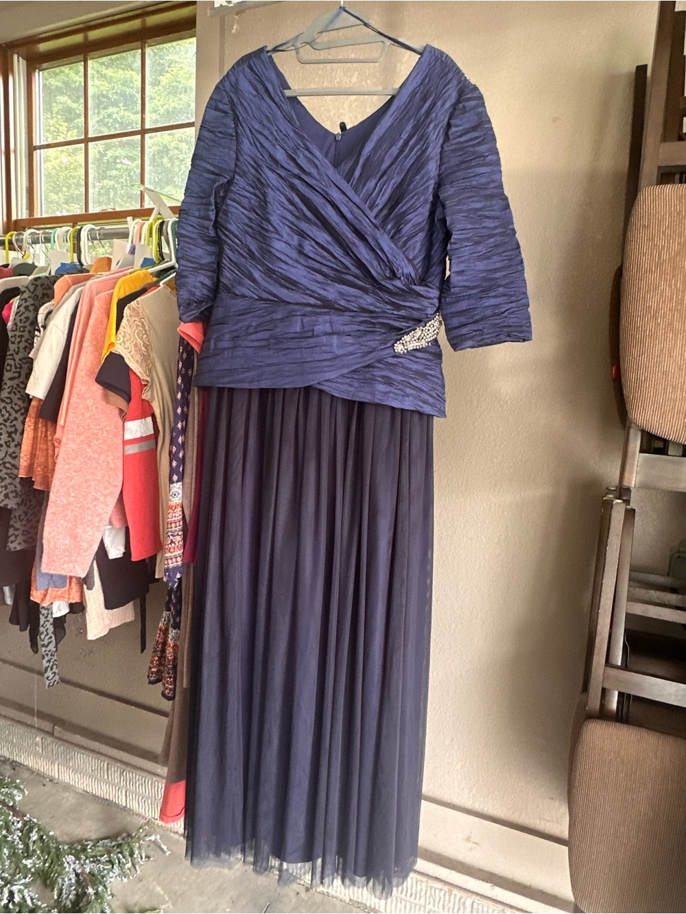 Alex Evenings Navy Blue Draped Gown with Rhinestone Waist Accent